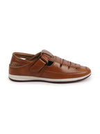 Shop Men Tan Laser Cut Perforated Shoe Style Roman Sandal with Buckle Strap Online.