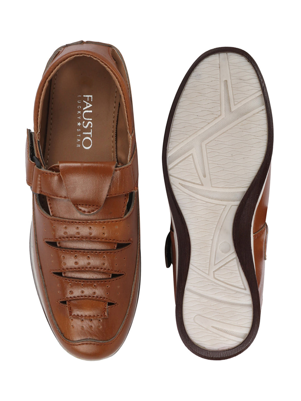 Shop Men Tan Laser Cut Perforated Shoe Style Roman Sandal with Buckle Strap Online.