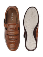 Shop Men Tan Laser Cut Perforated Shoe Style Roman Sandal with Buckle Strap Online.
