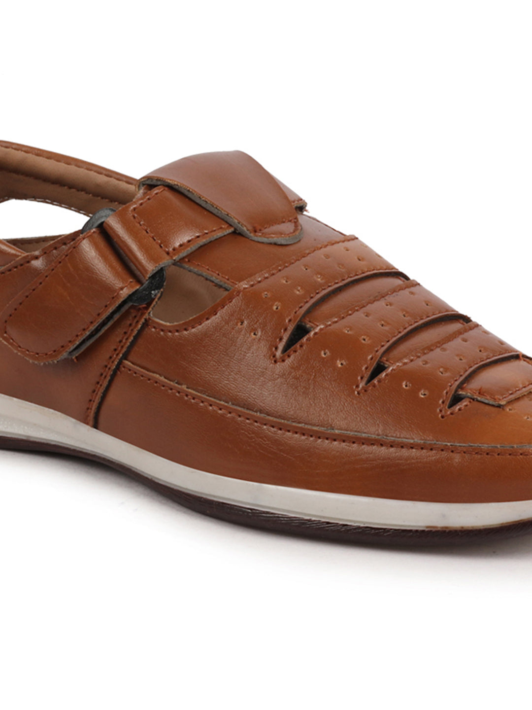 Shop Men Tan Laser Cut Perforated Shoe Style Roman Sandal with Buckle Strap Online.