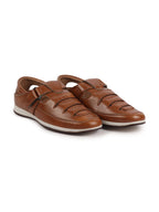 Shop Men Tan Laser Cut Perforated Shoe Style Roman Sandal with Buckle Strap Online.