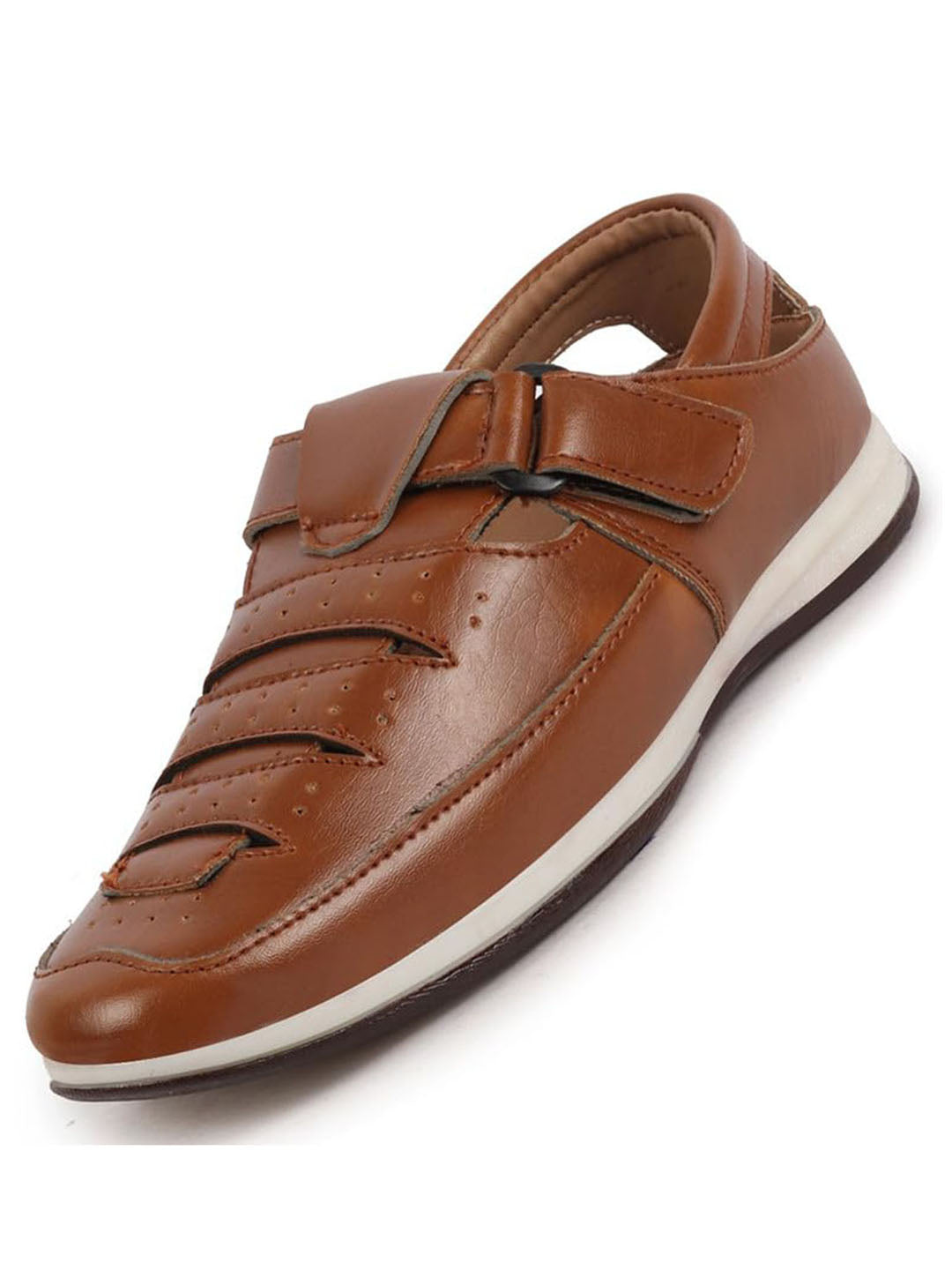 Men Tan Laser Cut Perforated Shoe Style Roman Sandal with Buckle Strap