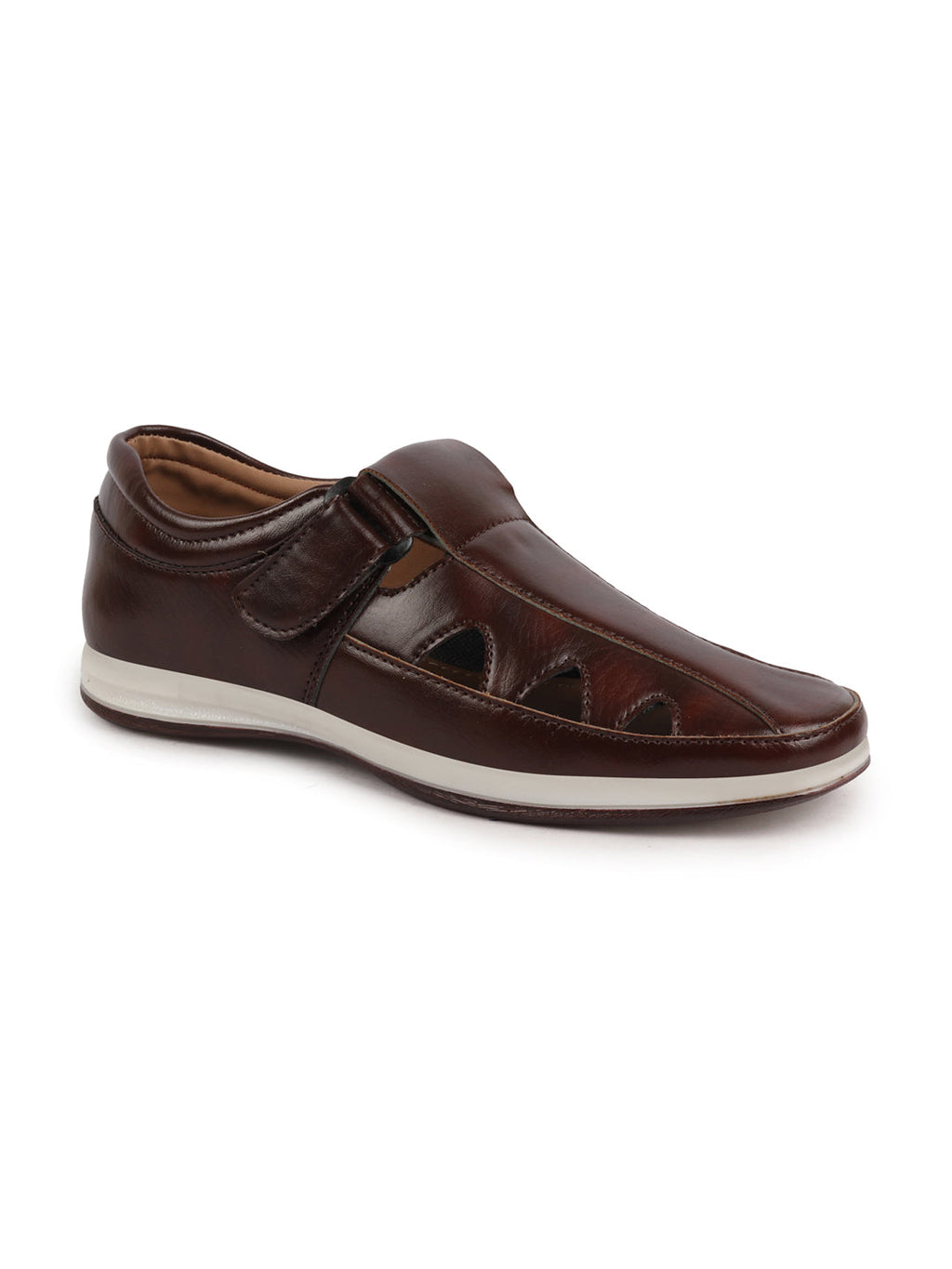 Shop Men Brown Perforated Laser Cut Shoe Style Sandal with Ankle Strap Online.