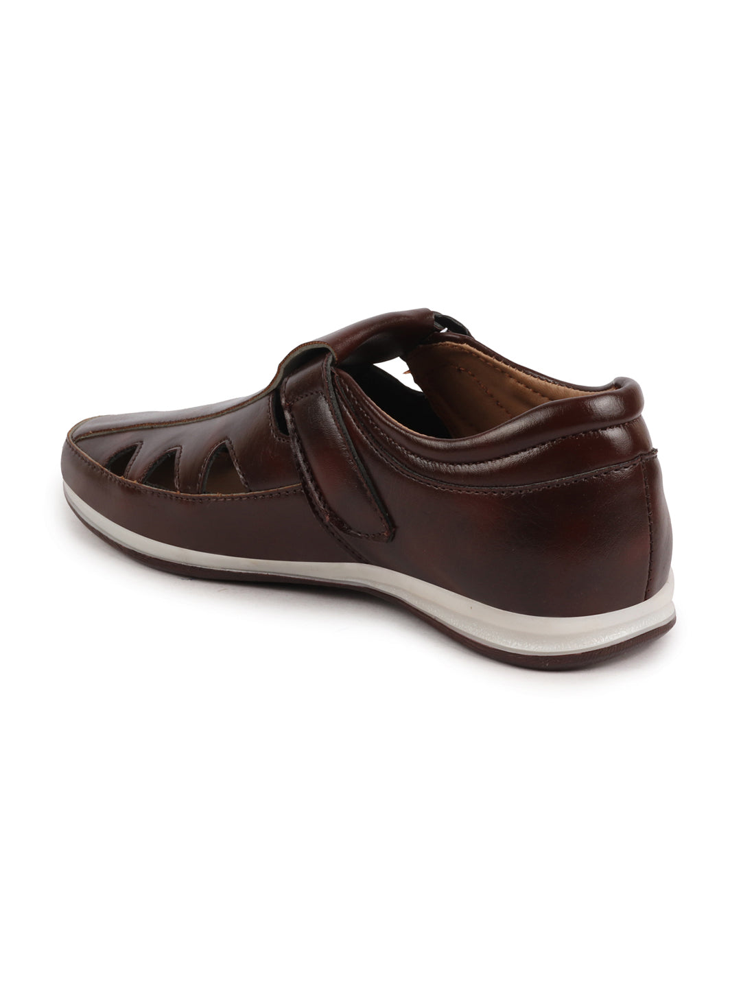 Shop Men Brown Perforated Laser Cut Shoe Style Sandal with Ankle Strap Online.