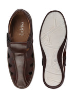 Shop Men Brown Perforated Laser Cut Shoe Style Sandal with Ankle Strap Online.