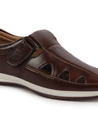 Shop Men Brown Perforated Laser Cut Shoe Style Sandal with Ankle Strap Online.
