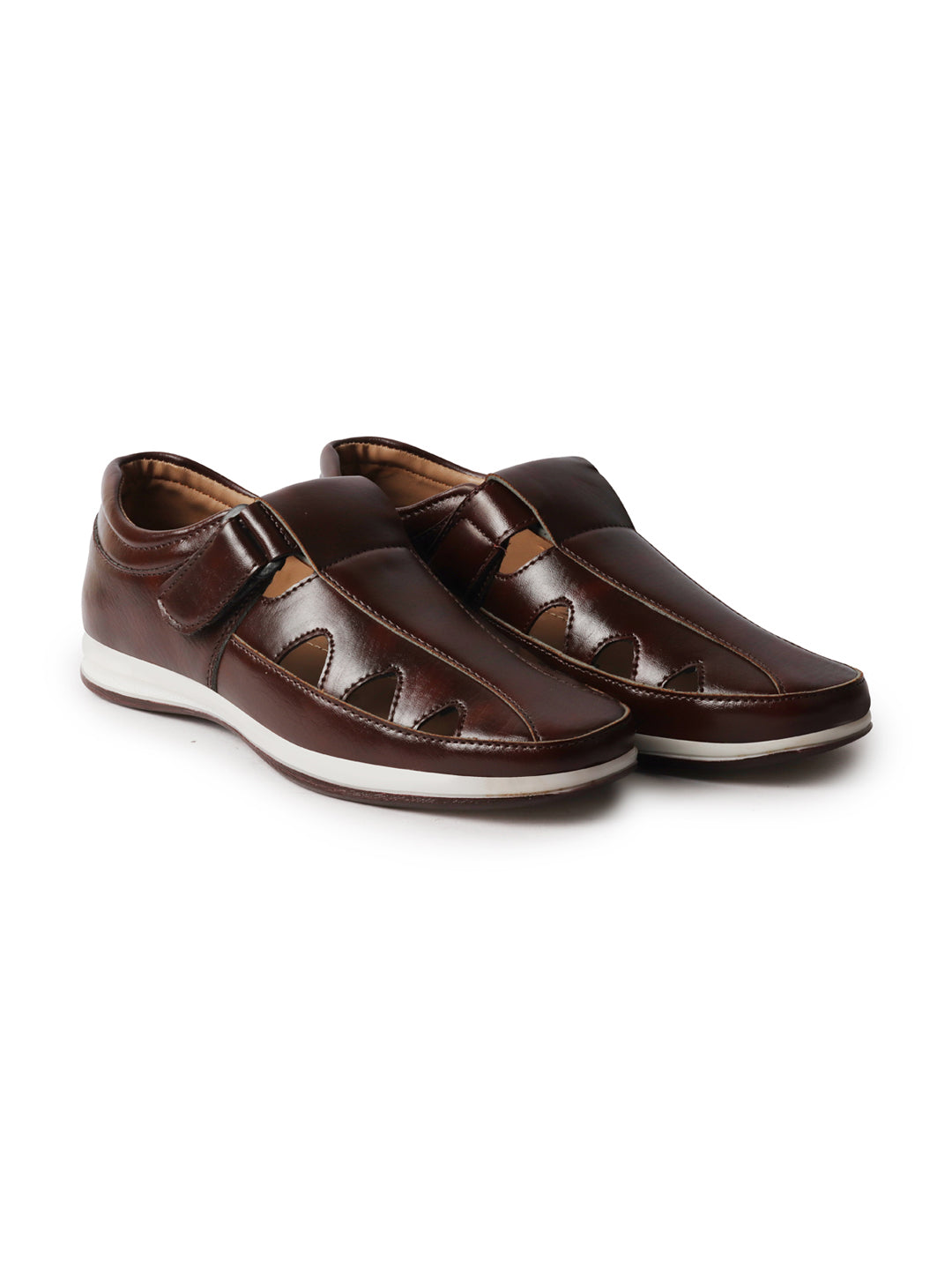 Shop Men Brown Perforated Laser Cut Shoe Style Sandal with Ankle Strap Online.
