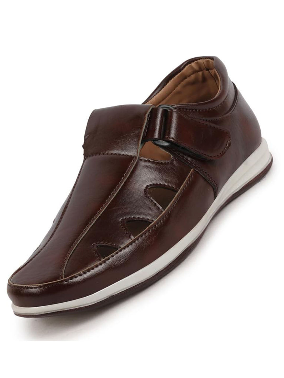 Shop Men Brown Perforated Laser Cut Shoe Style Sandal with Ankle Strap Online.