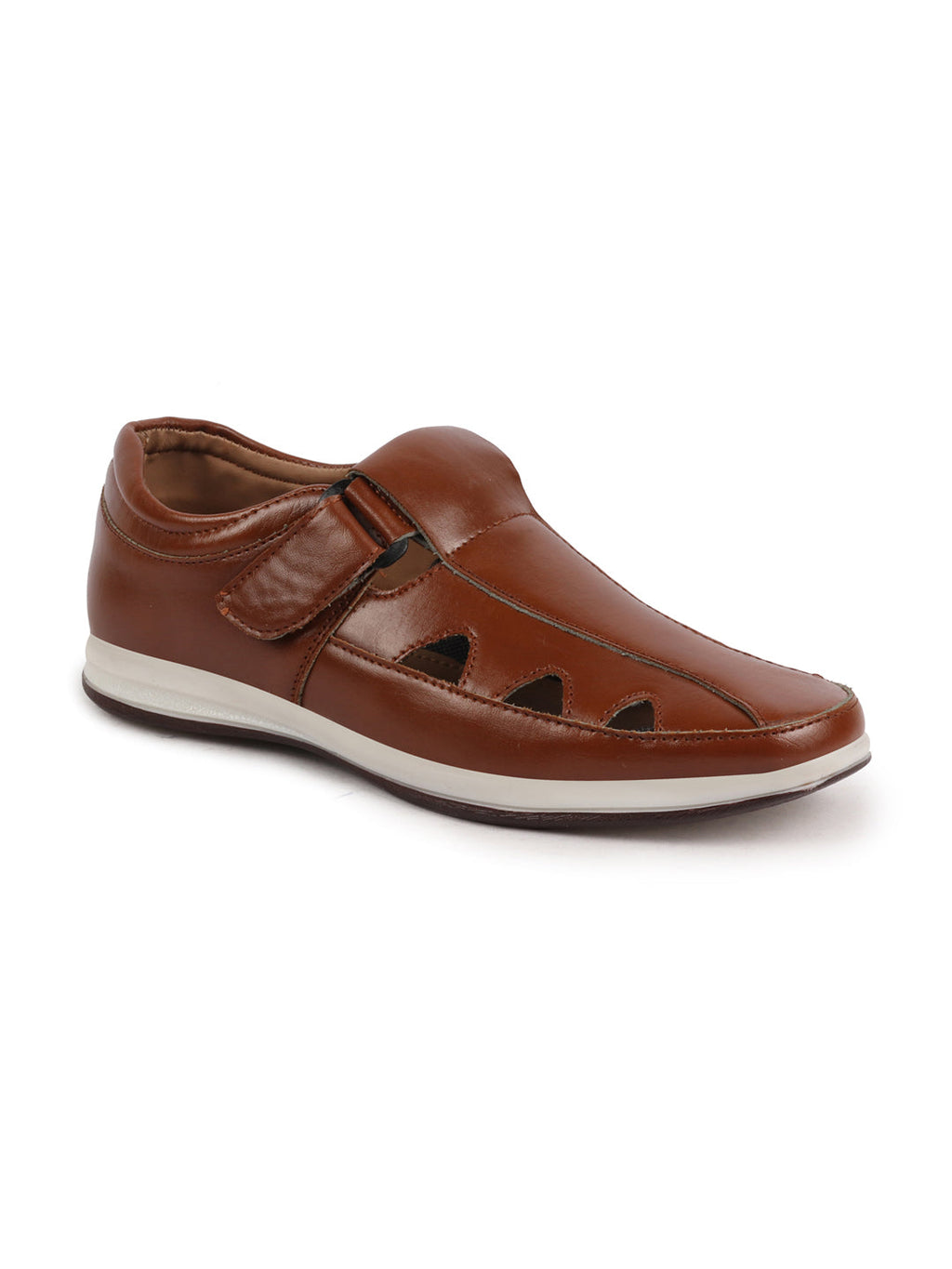 Shop Men Tan Perforated Laser Cut Shoe Style Sandal with Ankle Strap Online.