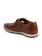 Shop Men Tan Perforated Laser Cut Shoe Style Sandal with Ankle Strap Online.