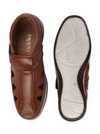 Shop Men Tan Perforated Laser Cut Shoe Style Sandal with Ankle Strap Online.