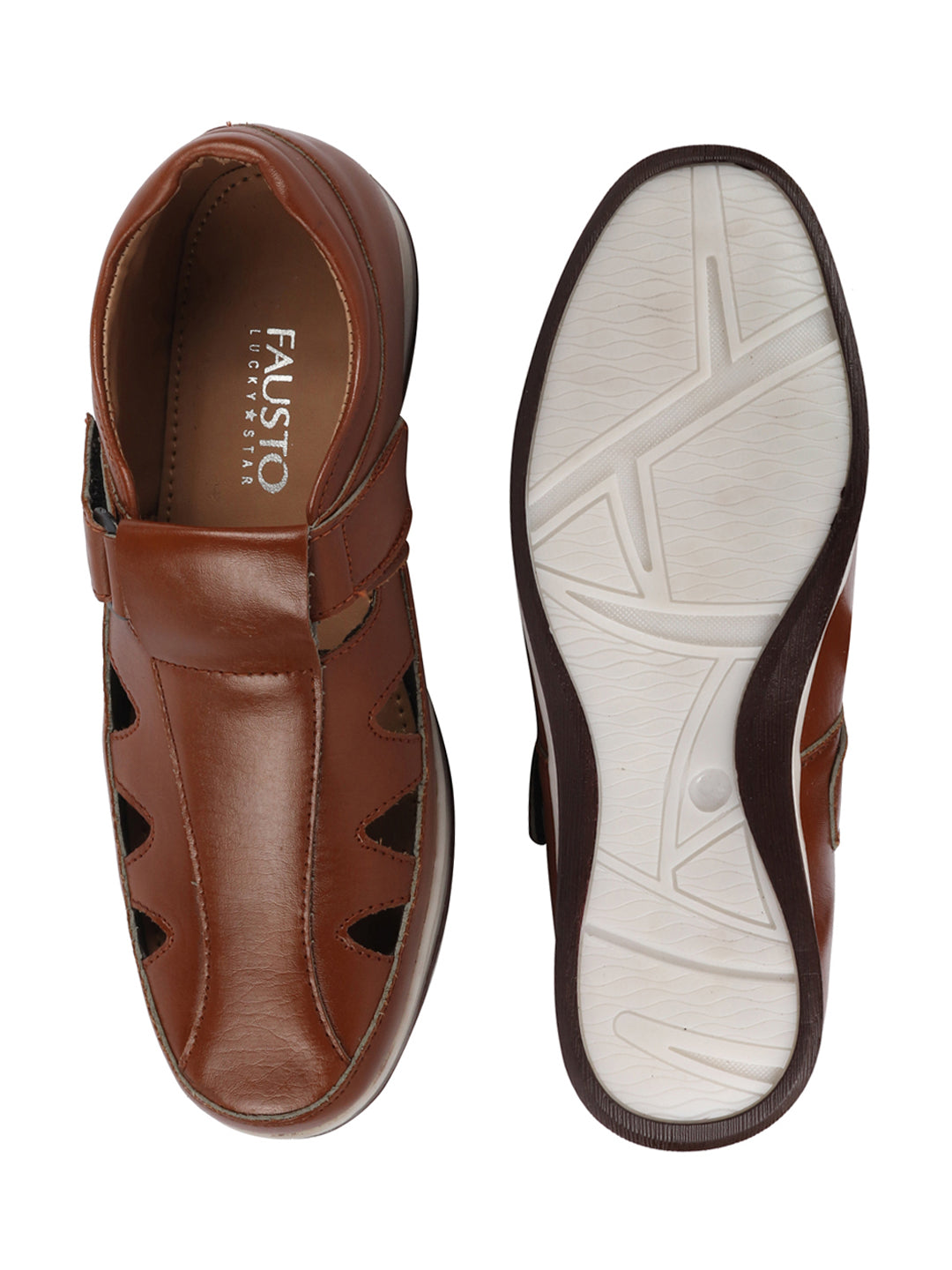Shop Men Tan Perforated Laser Cut Shoe Style Sandal with Ankle Strap Online.