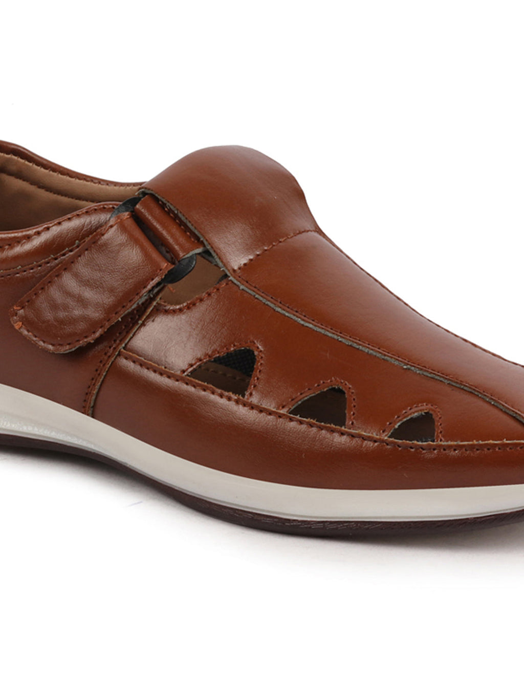 Shop Men Tan Perforated Laser Cut Shoe Style Sandal with Ankle Strap Online.
