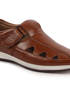 Shop Men Tan Perforated Laser Cut Shoe Style Sandal with Ankle Strap Online.