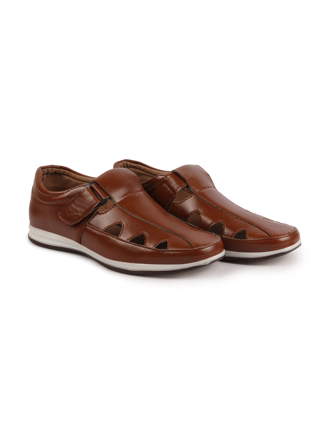 Shop Men Tan Perforated Laser Cut Shoe Style Sandal with Ankle Strap Online.