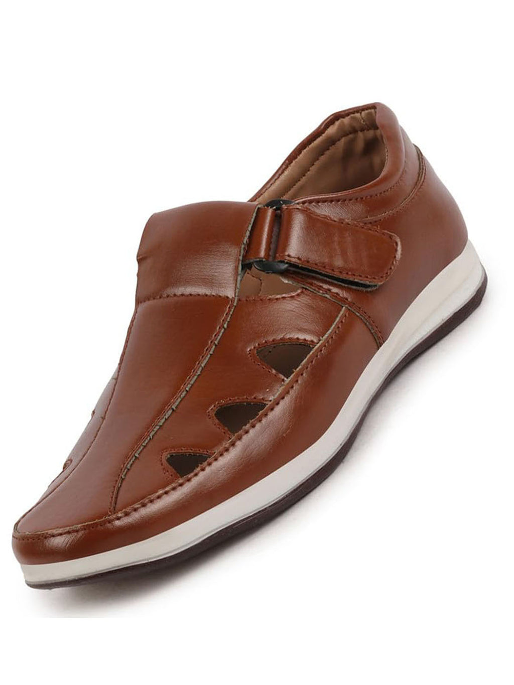 Shop Men Tan Perforated Laser Cut Shoe Style Sandal with Ankle Strap Online.