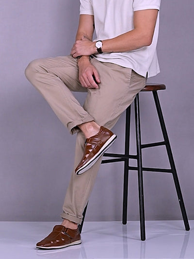 Shop Men Tan Perforated Laser Cut Shoe Style Sandal with Ankle Strap Online.