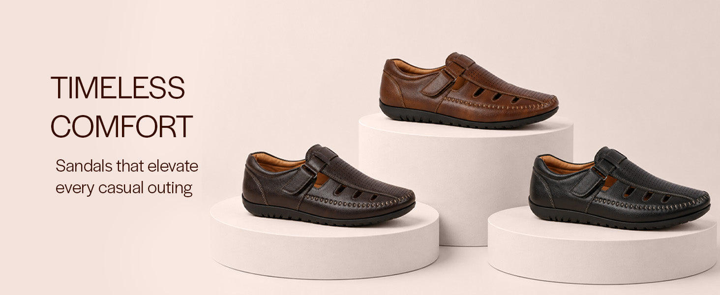 Men Black Laser Cut Perforated Shoe Style Roman Sandal|Adujstable Hook & Loop Stitched Pull On Sandal