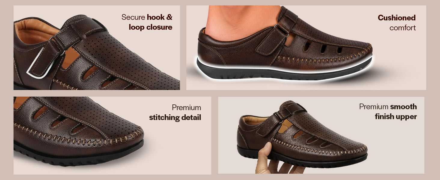 Men Black Laser Cut Perforated Shoe Style Roman Sandal|Adujstable Hook & Loop Stitched Pull On Sandal