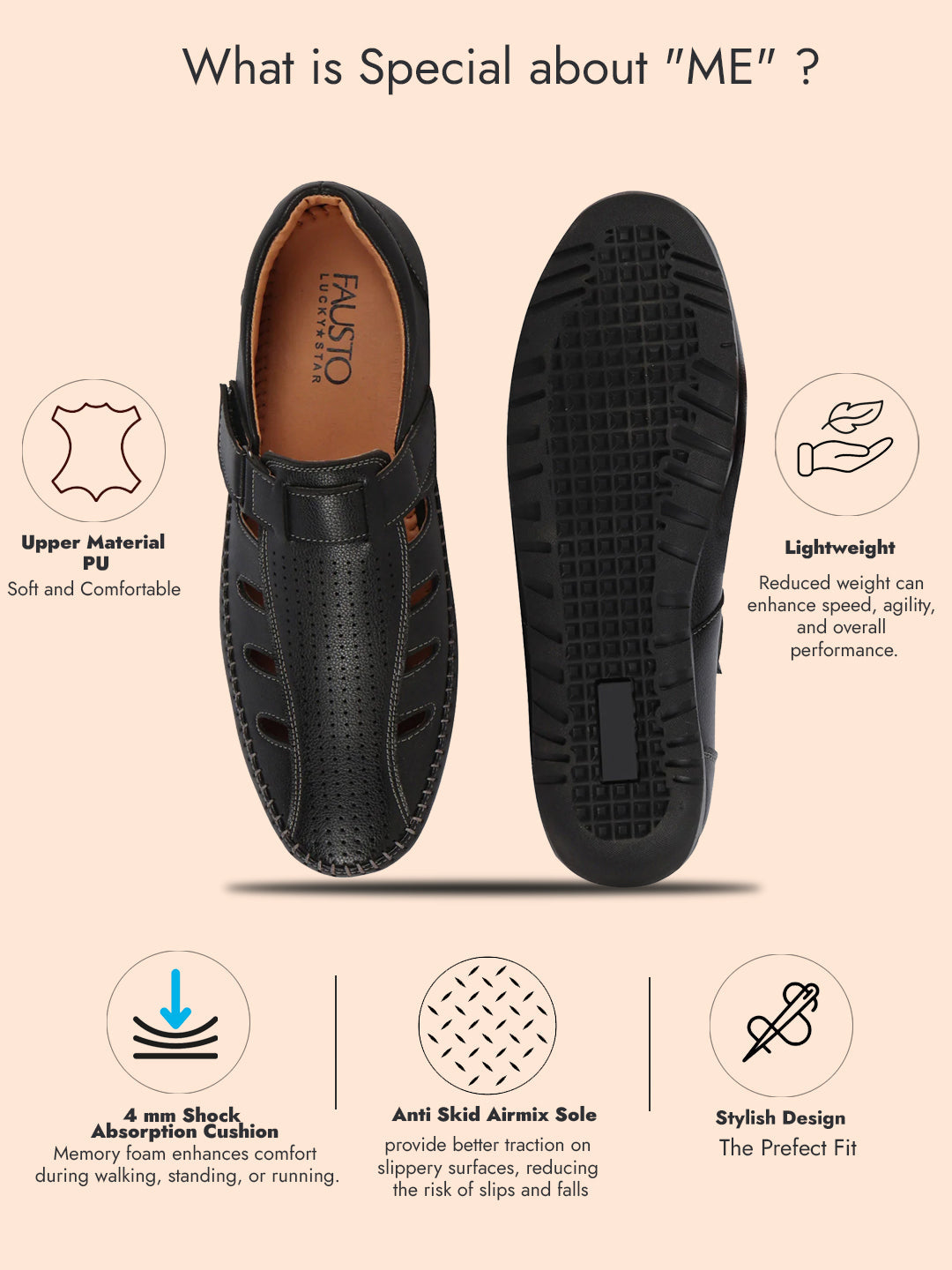 Shop Men Black Laser Cut Perforated Shoe Style Roman Sandal|Adujstable Hook & Loop Stitched Pull On Sandal Online.