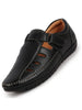 Men Black Laser Cut Perforated Shoe Style Roman Sandal|Adujstable Hook & Loop Stitched Pull On Sandal