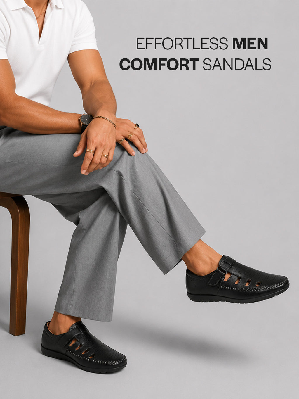 Shop Men Black Laser Cut Perforated Shoe Style Roman Sandal|Adujstable Hook & Loop Stitched Pull On Sandal Online.