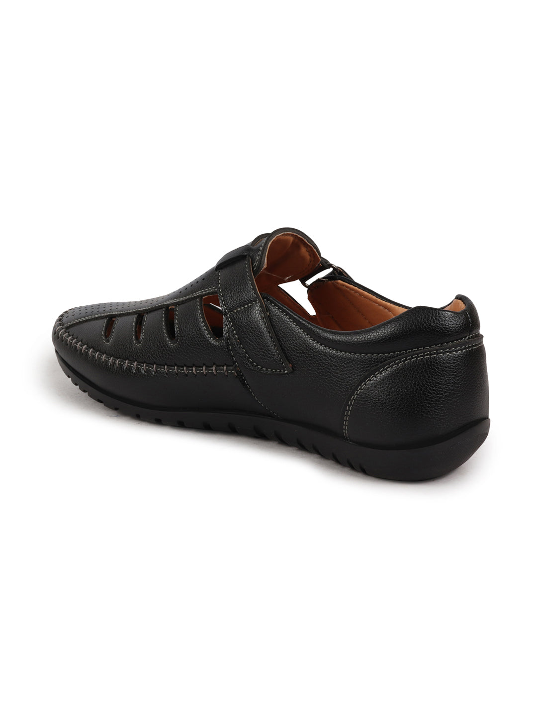 Shop Men Black Laser Cut Perforated Shoe Style Roman Sandal|Adujstable Hook & Loop Stitched Pull On Sandal Online.