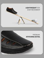 Shop Men Black Laser Cut Perforated Shoe Style Roman Sandal|Adujstable Hook & Loop Stitched Pull On Sandal Online.