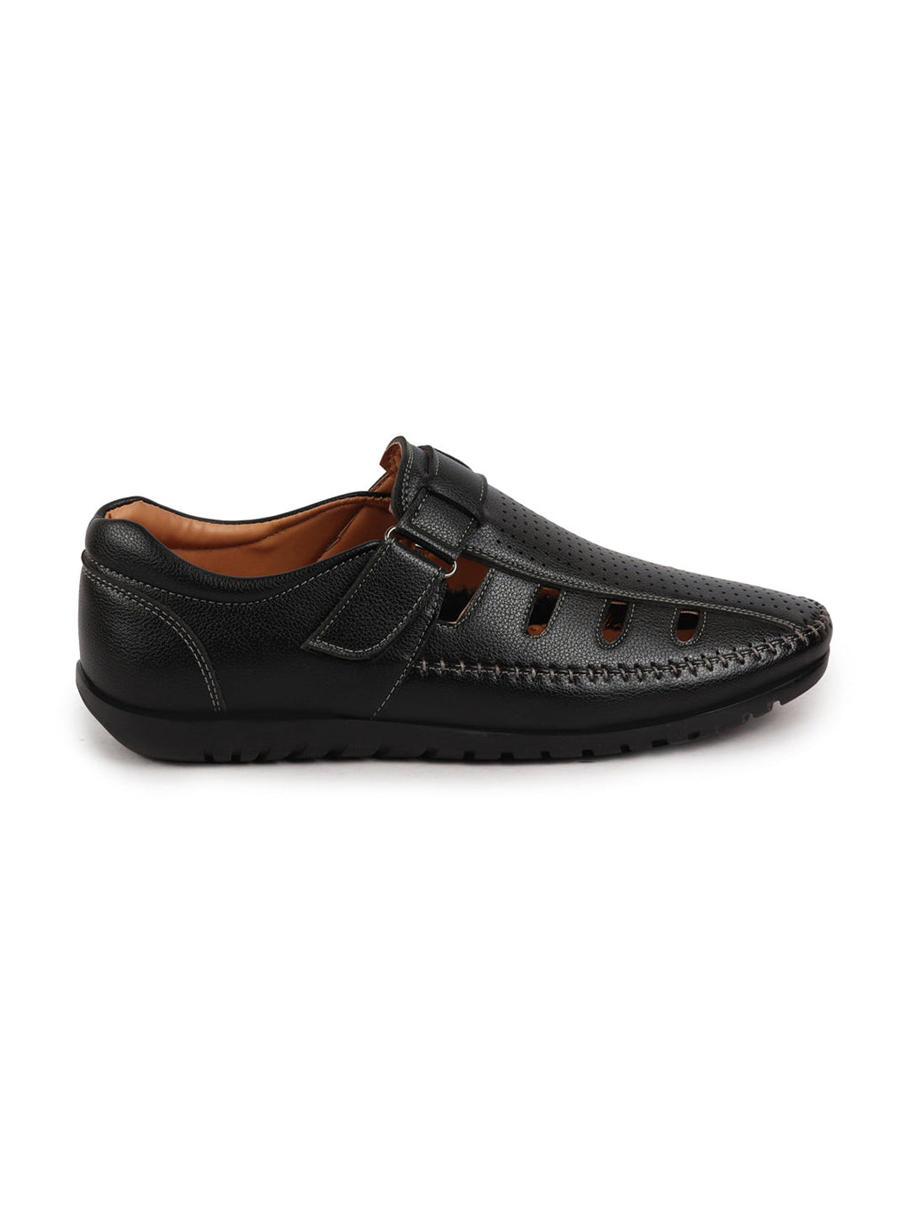 Shop Men Black Laser Cut Perforated Shoe Style Roman Sandal|Adujstable Hook & Loop Stitched Pull On Sandal Online.