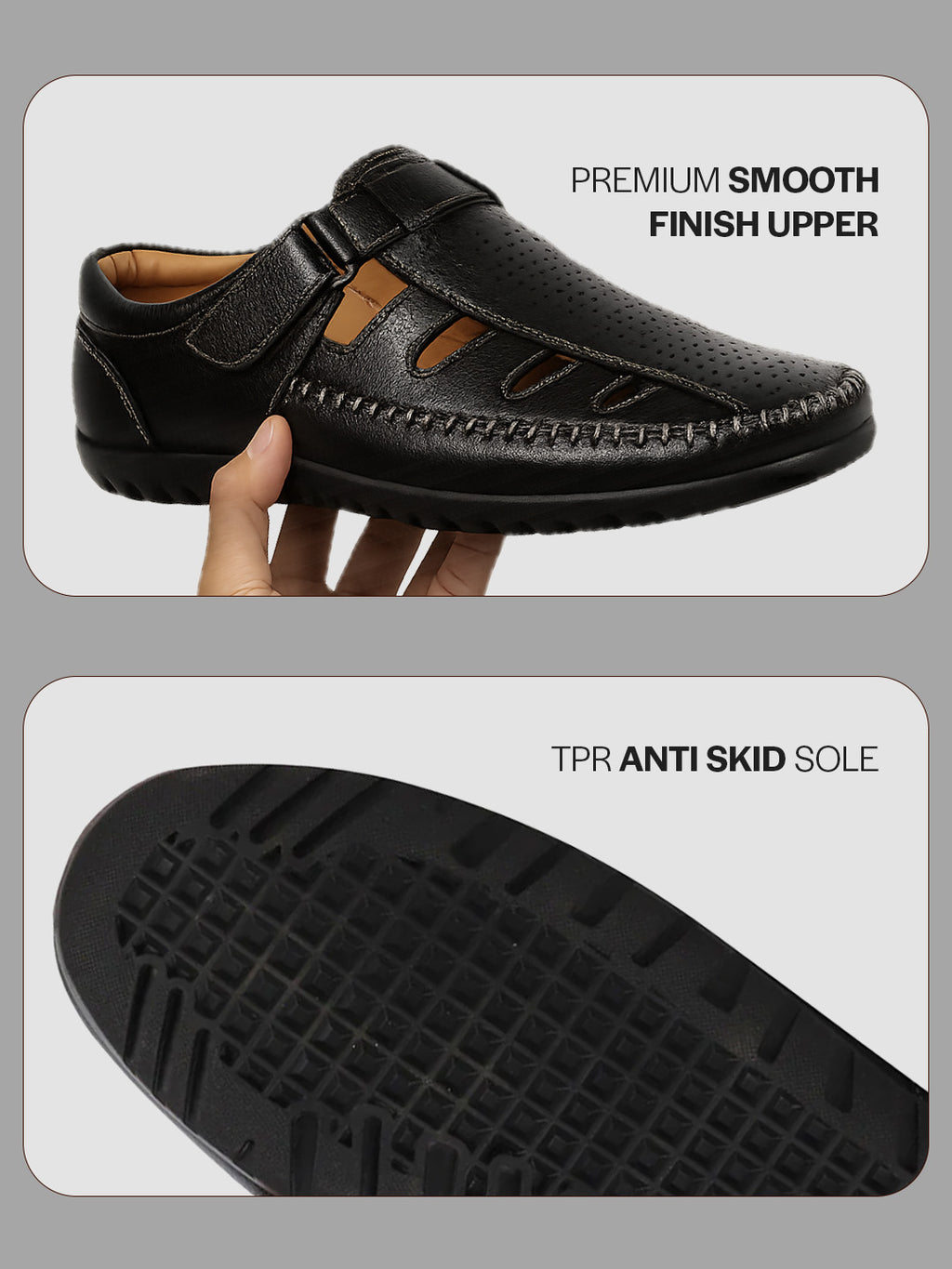Shop Men Black Laser Cut Perforated Shoe Style Roman Sandal|Adujstable Hook & Loop Stitched Pull On Sandal Online.
