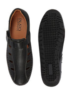Shop Men Black Laser Cut Perforated Shoe Style Roman Sandal|Adujstable Hook & Loop Stitched Pull On Sandal Online.