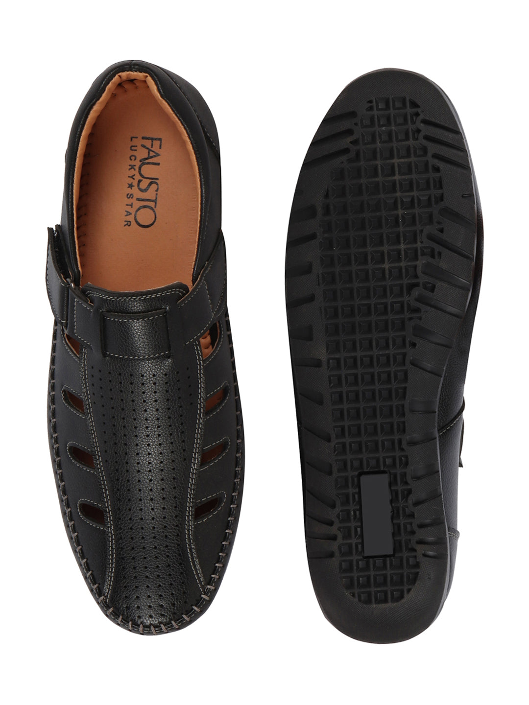 Shop Men Black Laser Cut Perforated Shoe Style Roman Sandal|Adujstable Hook & Loop Stitched Pull On Sandal Online.