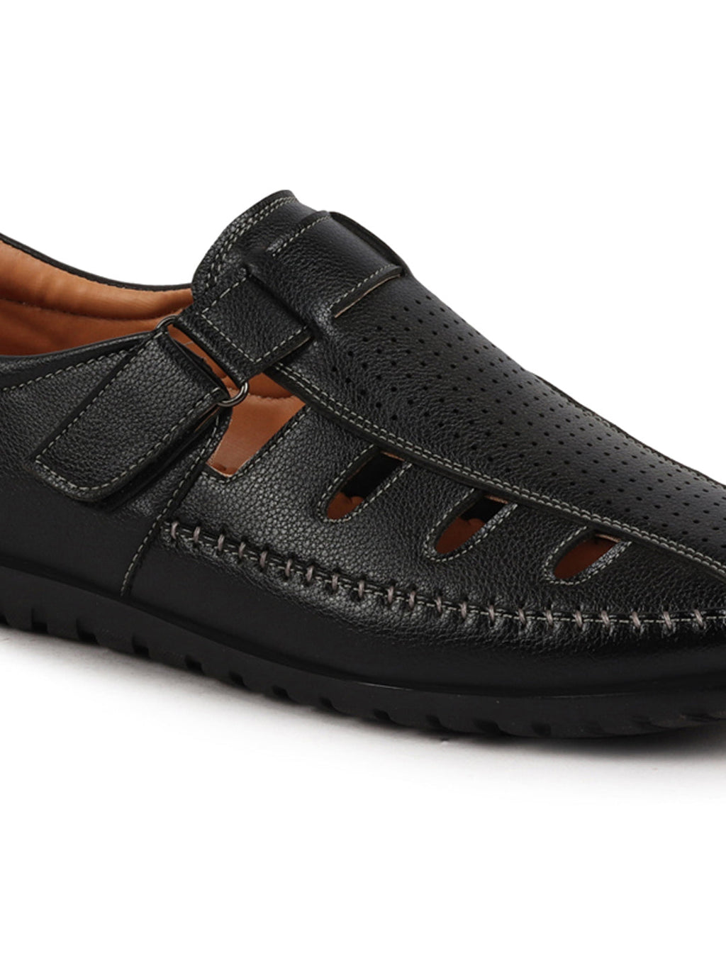 Shop Men Black Laser Cut Perforated Shoe Style Roman Sandal|Adujstable Hook & Loop Stitched Pull On Sandal Online.