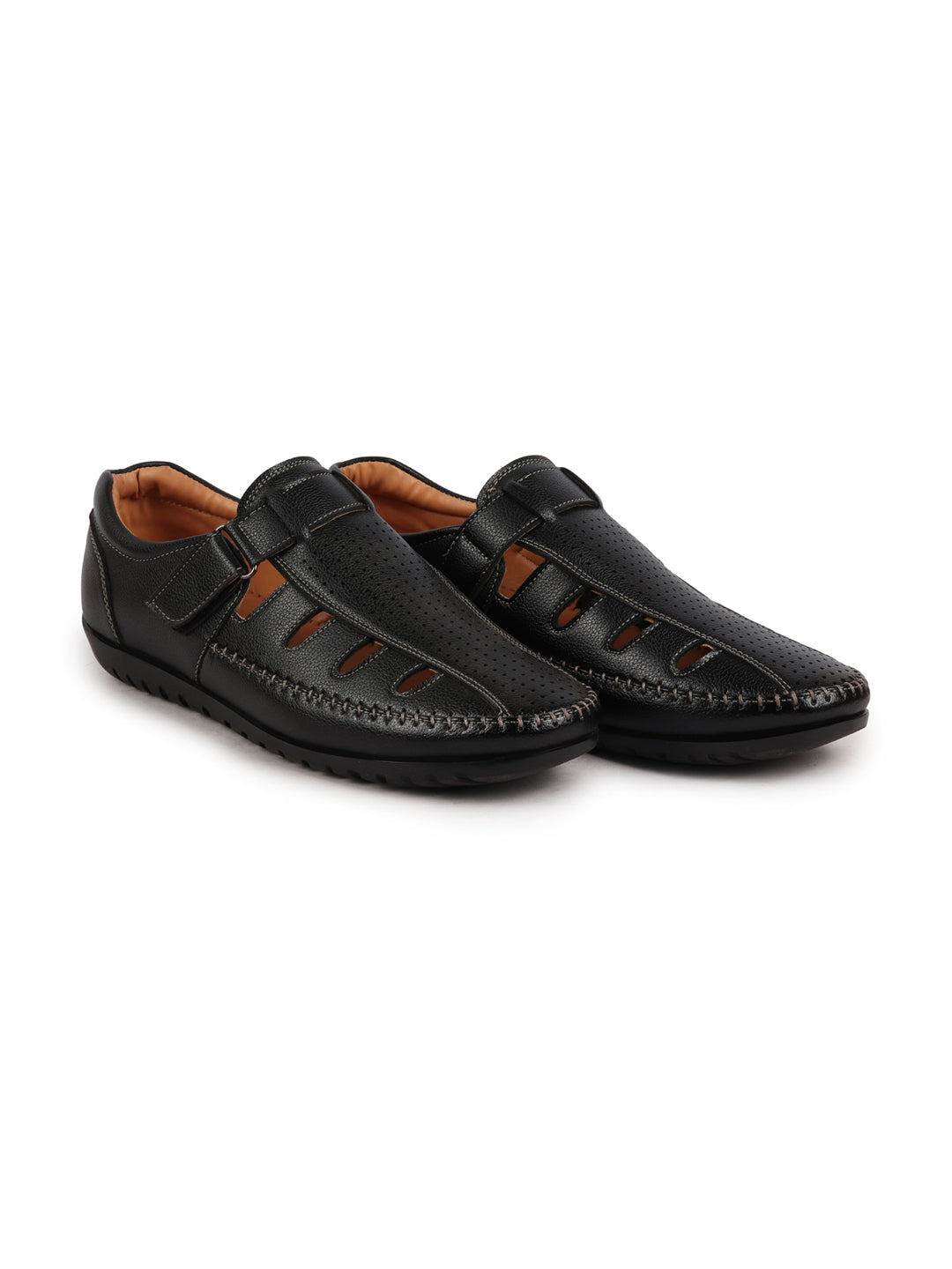 Shop Men Black Laser Cut Perforated Shoe Style Roman Sandal|Adujstable Hook & Loop Stitched Pull On Sandal Online.