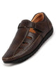 Men Brown Laser Cut Perforated Shoe Style Roman Sandal|Adujstable Hook & Loop Stitched Pull On Sandal