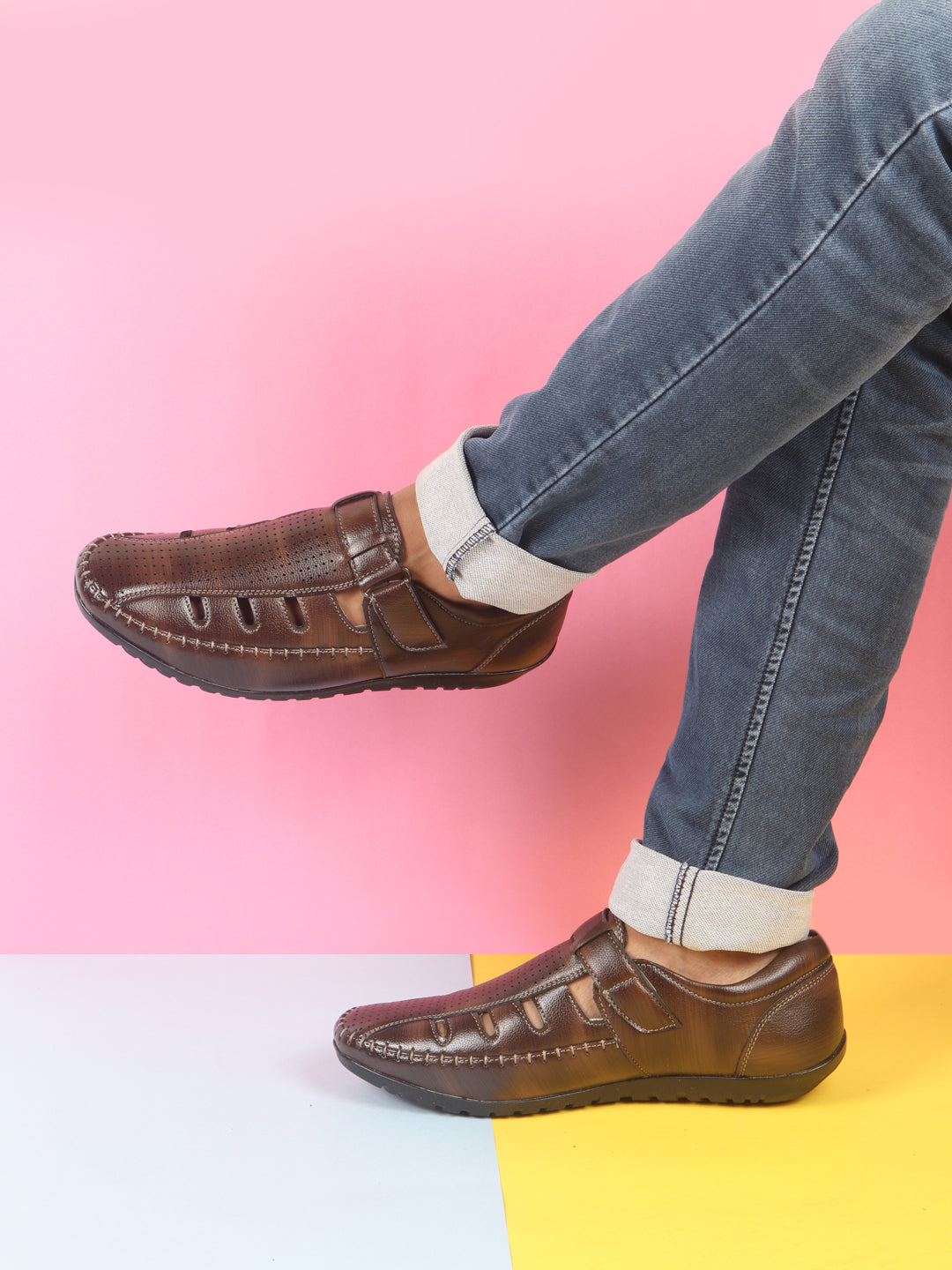 Shop Men's Brown Laser Cut Perforated Roman Sandal Online – FAUSTO.in