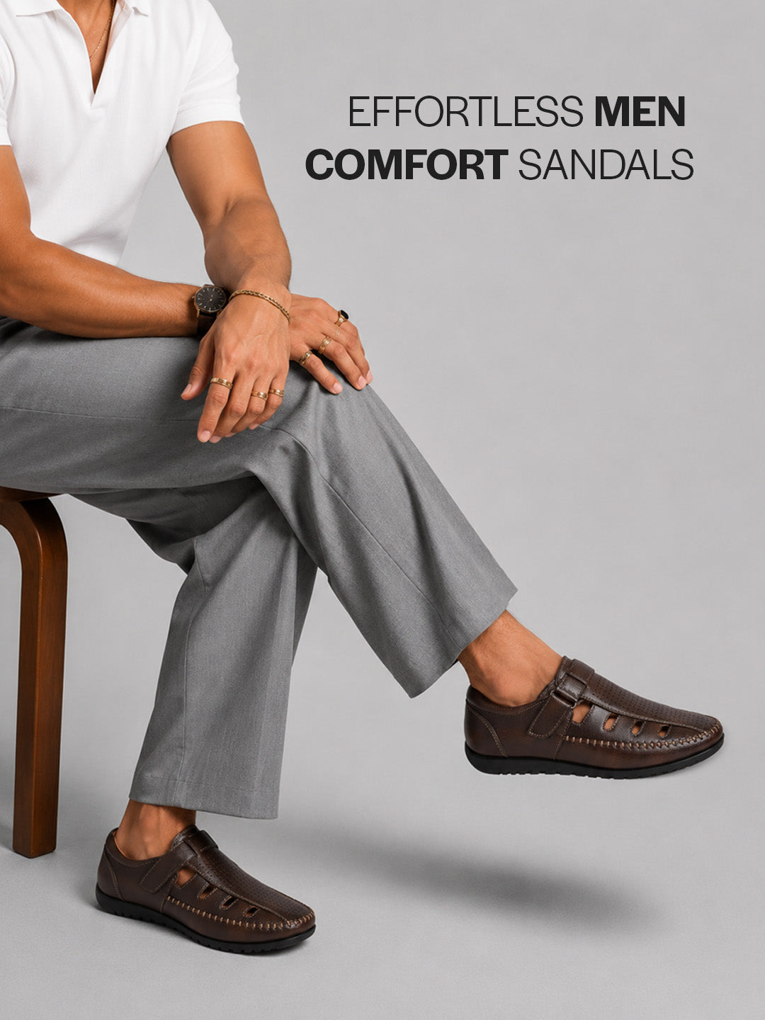 Men Brown Laser Cut Perforated Shoe Style Roman Sandal|Adujstable Hook & Loop Stitched Pull On Sandal
