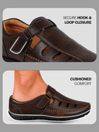 Men Brown Laser Cut Perforated Shoe Style Roman Sandal|Adujstable Hook & Loop Stitched Pull On Sandal