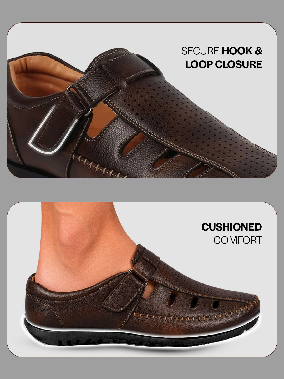 Men Brown Laser Cut Perforated Shoe Style Roman Sandal|Adujstable Hook & Loop Stitched Pull On Sandal