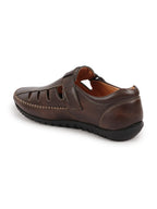Men Brown Laser Cut Perforated Shoe Style Roman Sandal|Adujstable Hook & Loop Stitched Pull On Sandal