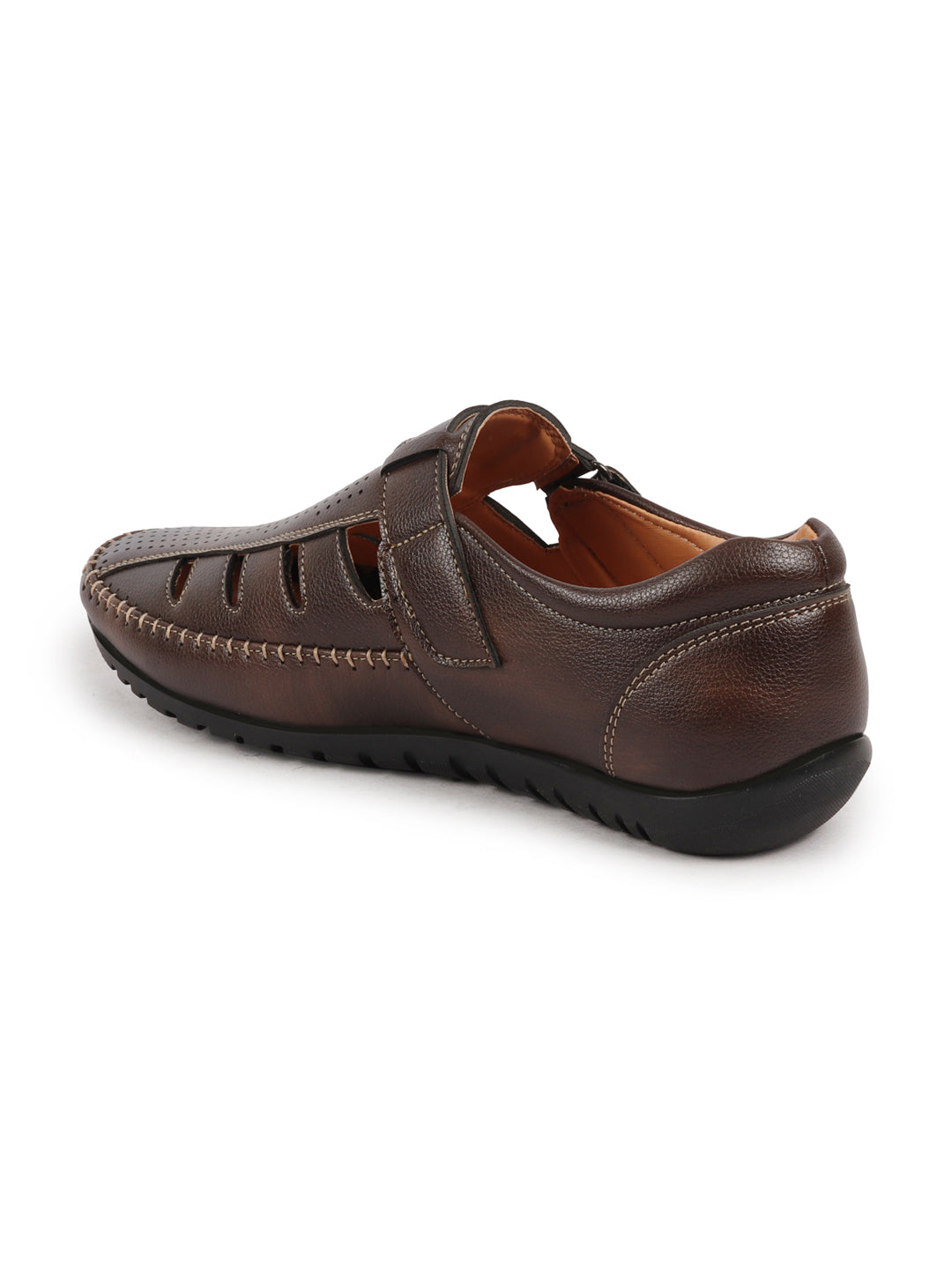 Men Brown Laser Cut Perforated Shoe Style Roman Sandal|Adujstable Hook & Loop Stitched Pull On Sandal