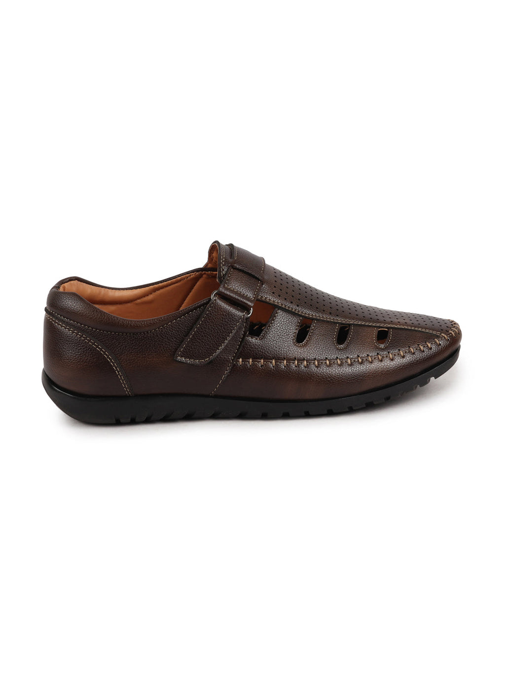 Men Brown Laser Cut Perforated Shoe Style Roman Sandal|Adujstable Hook & Loop Stitched Pull On Sandal