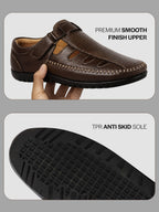 Men Brown Laser Cut Perforated Shoe Style Roman Sandal|Adujstable Hook & Loop Stitched Pull On Sandal