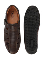 Men Brown Laser Cut Perforated Shoe Style Roman Sandal|Adujstable Hook & Loop Stitched Pull On Sandal