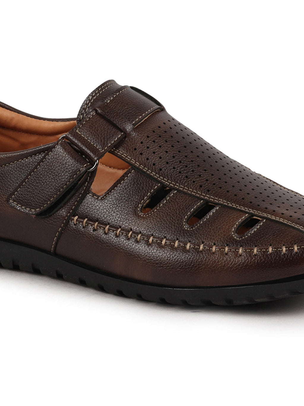 Men Brown Laser Cut Perforated Shoe Style Roman Sandal|Adujstable Hook & Loop Stitched Pull On Sandal