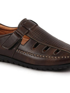 Men Brown Laser Cut Perforated Shoe Style Roman Sandal|Adujstable Hook & Loop Stitched Pull On Sandal