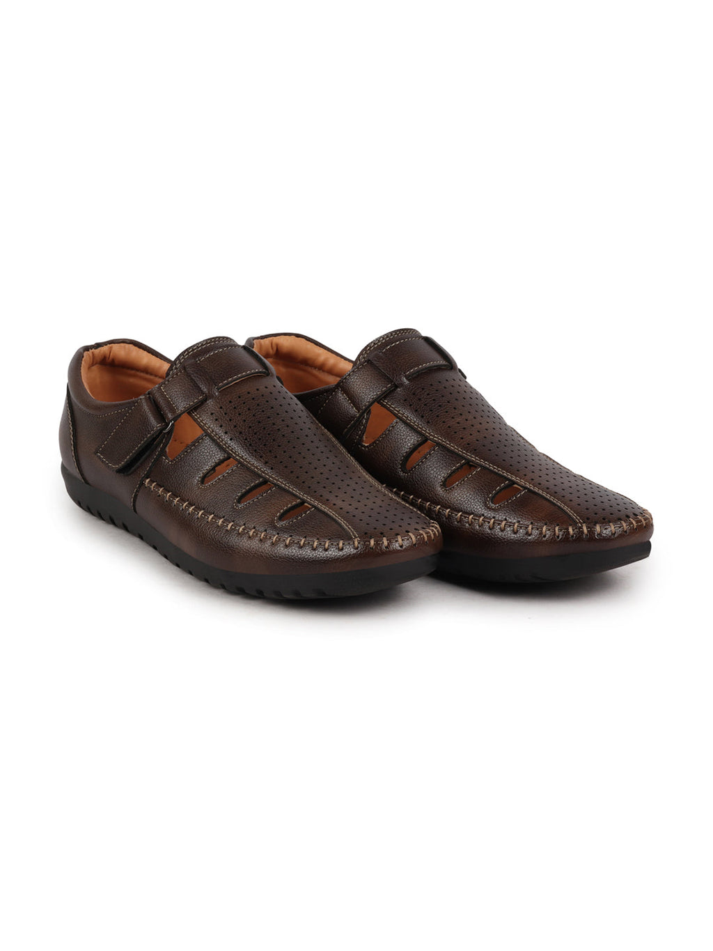 Men Brown Laser Cut Perforated Shoe Style Roman Sandal|Adujstable Hook & Loop Stitched Pull On Sandal