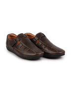 Men Brown Laser Cut Perforated Shoe Style Roman Sandal|Adujstable Hook & Loop Stitched Pull On Sandal