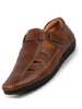 Men Tan Laser Cut Perforated Shoe Style Roman Sandal|Adujstable Hook & Loop Stitched Pull On Sandal