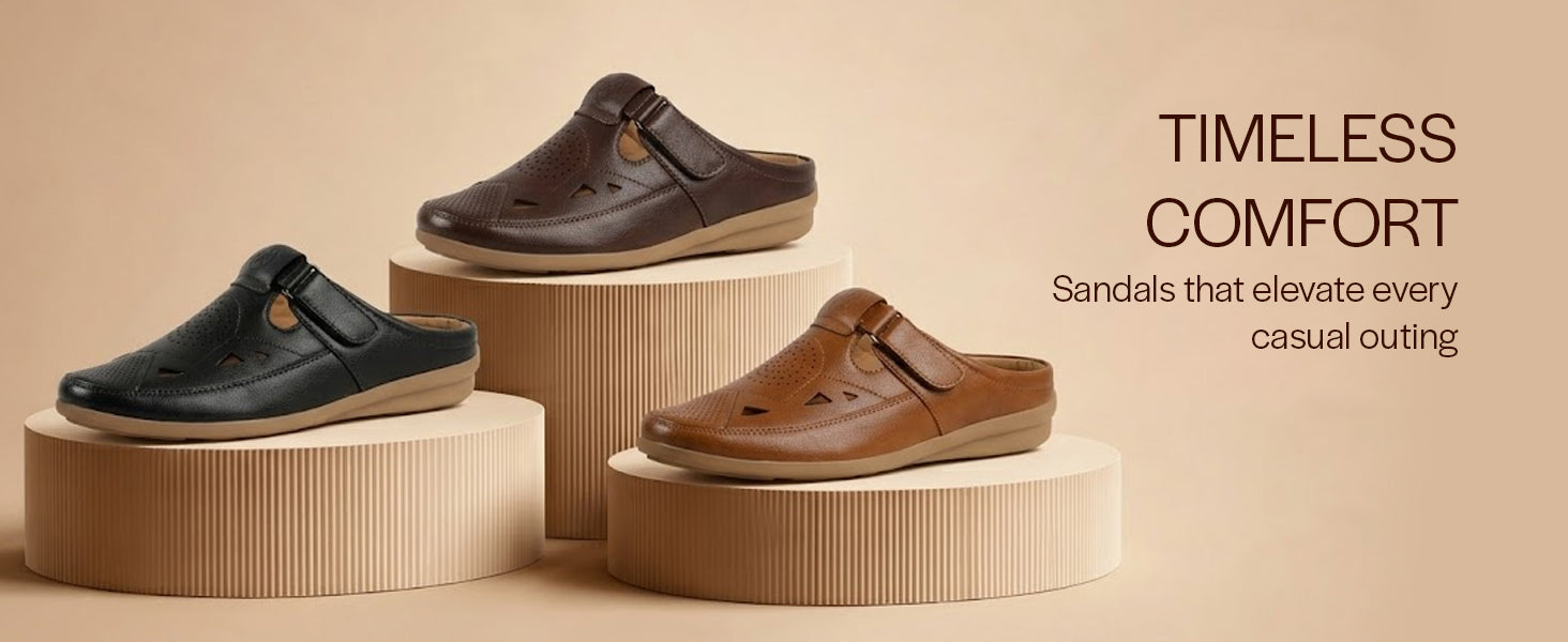Men Brown Back Open Perforated Breathable Contrast Sole Casual Sandal|Adujstable Strap Stitched Slip On Sandal